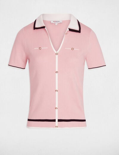 Pull col polo manches courtes rose poudrée femme