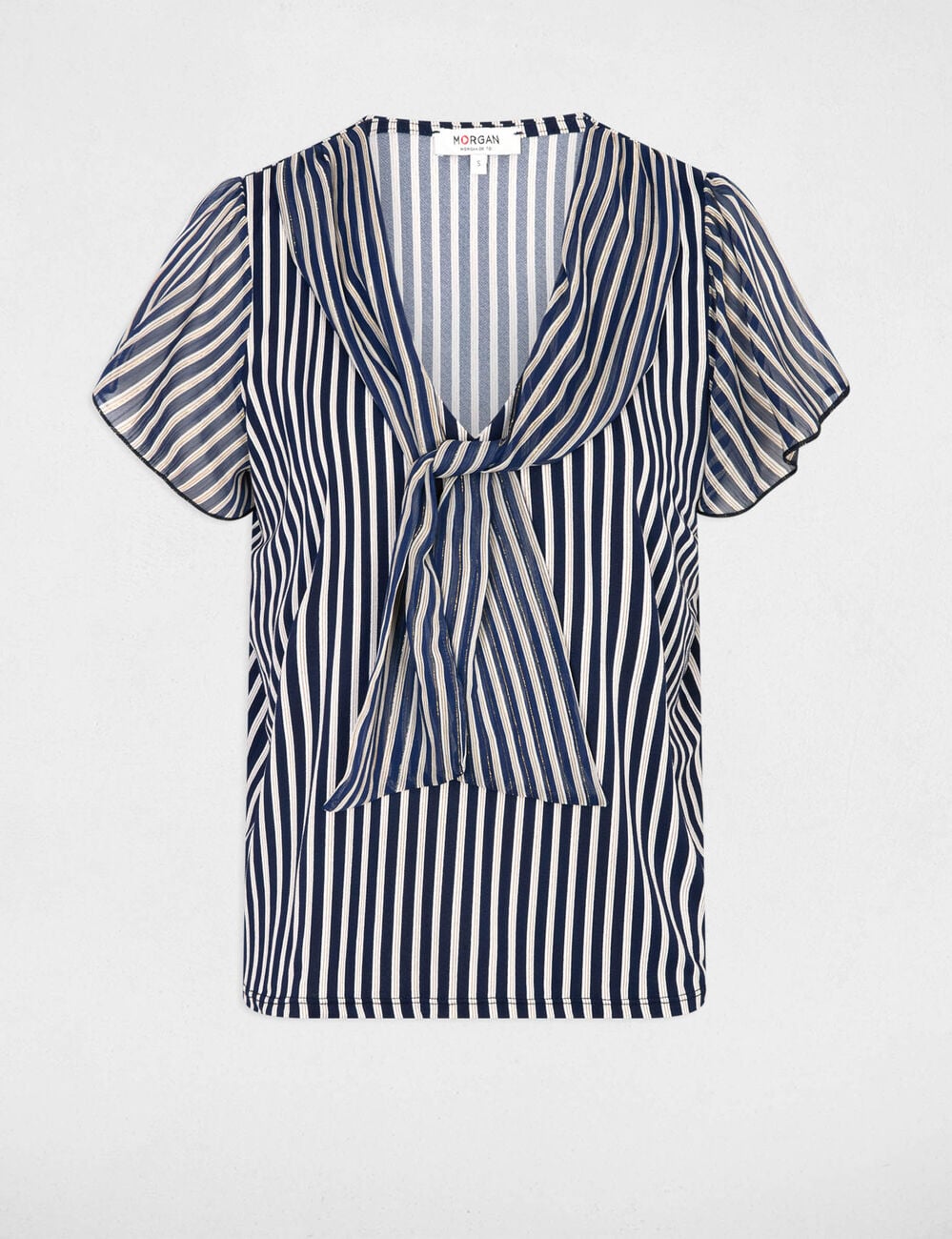 T-shirt col lavalli&egrave;re bleu marine femme