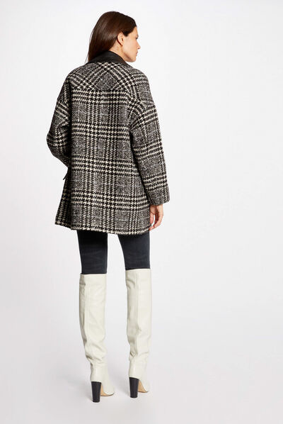 Manteau droit imprimé pied de poule ecru femme