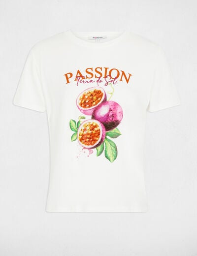 T-shirt imprim&eacute; col rond blanc femme