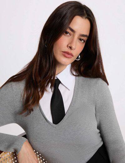 Pull 2-en-1 col à revers gris clair femme