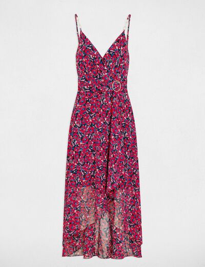 Lange uitlopende jurk abstracte print medium rood vrouw