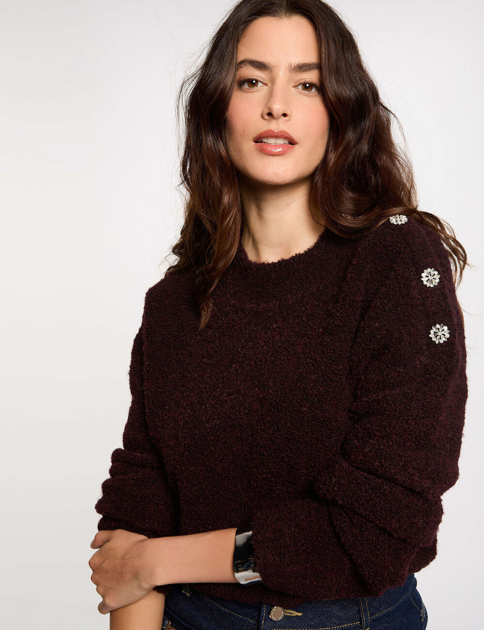 Pull col montant et boutons prune femme