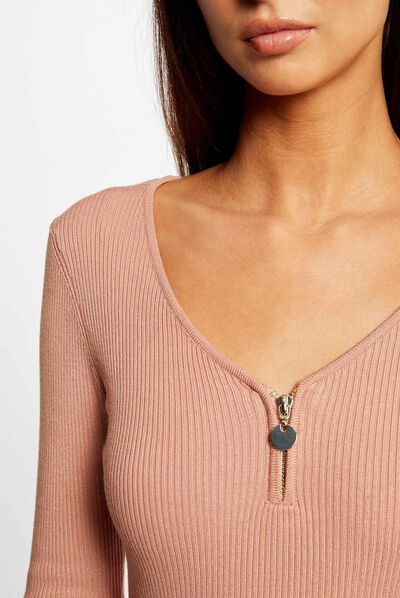 Geribbelde trui met lange mouwen oud roze vrouw