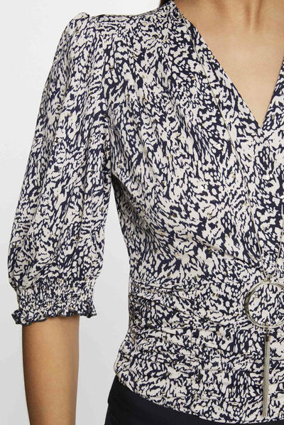 T-shirt manches 3/4 col bijou imprimé multico femme