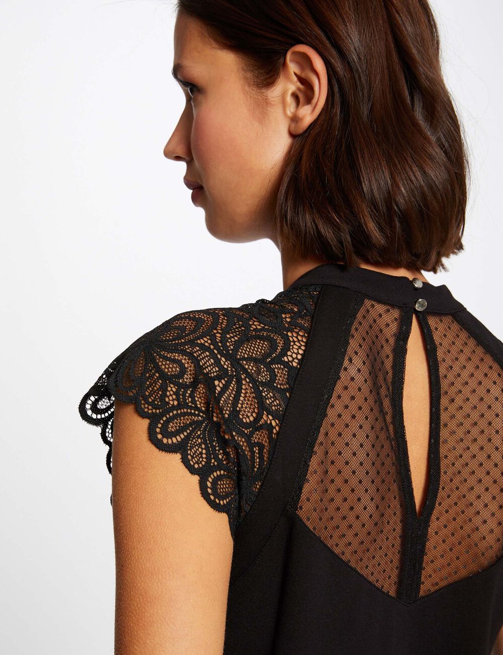 Kanten T-shirt met korte mouwen zwart vrouw