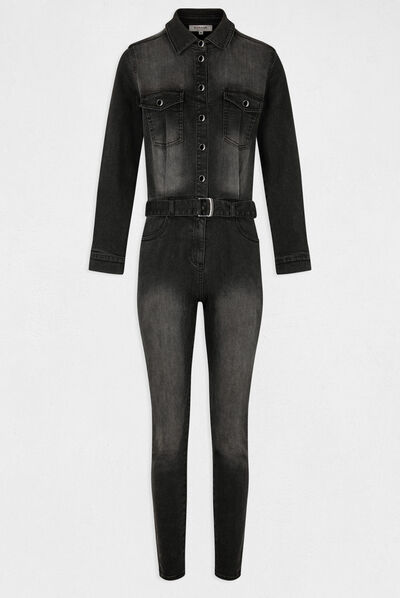 Aansluitende denim jumpsuit met ceintuur antracietgrijs vrouw