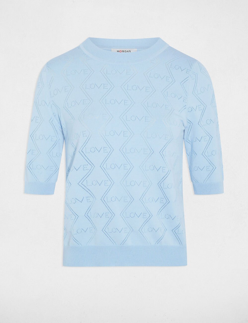 Pull ajour&eacute; manches 3/4 bleu ciel femme