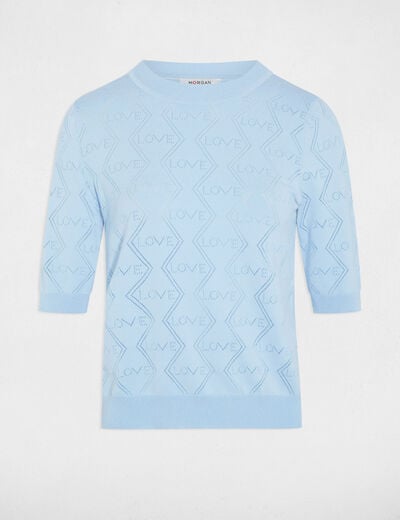 Pull ajour&eacute; manches 3/4 bleu ciel femme