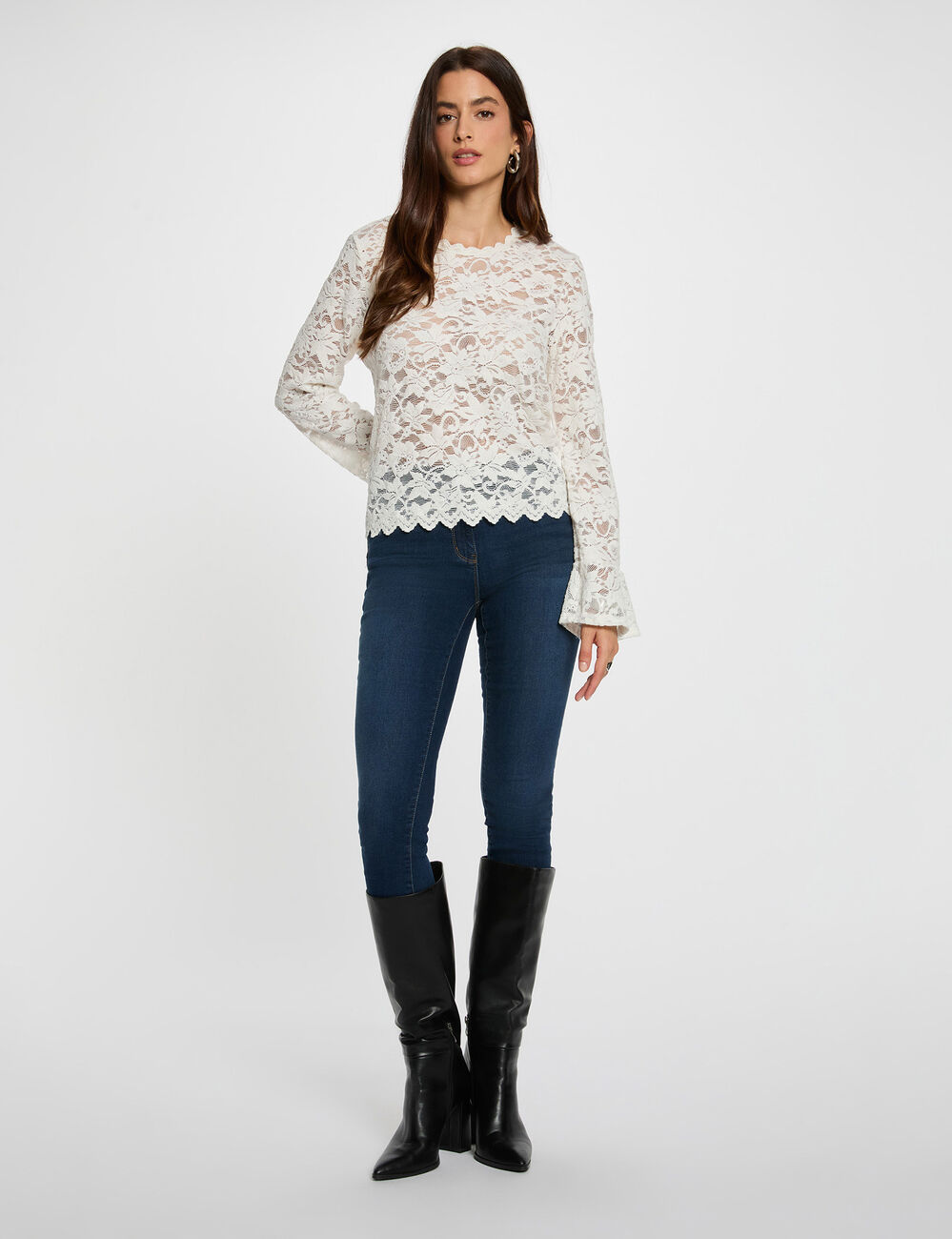 T-shirt dentelle manches longues blanc femme