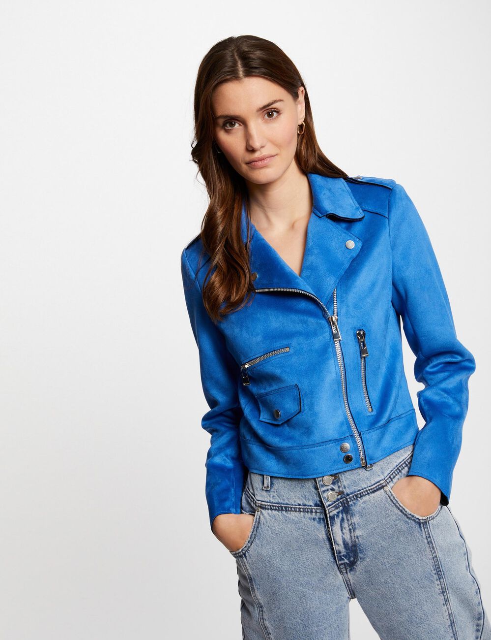 Kort suède jack met rits bleu vrouw