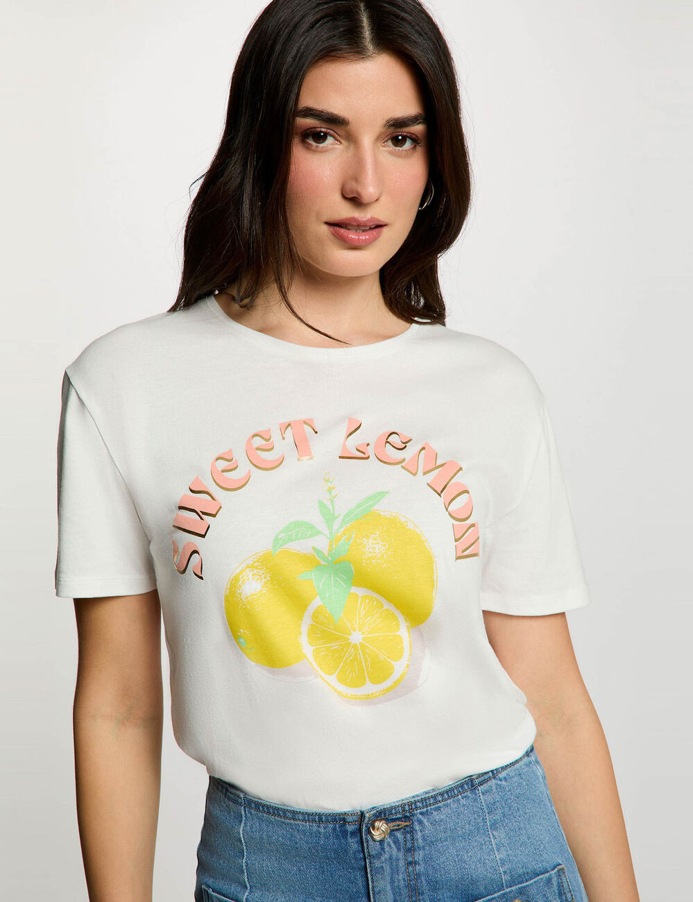 T-shirt met ronde hals en print helder wit vrouw