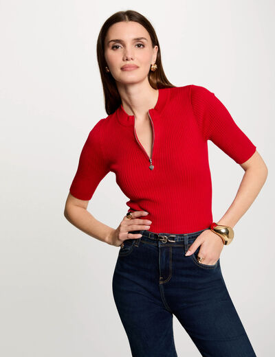 Geribbelde korte mouwen trui rood vrouw
