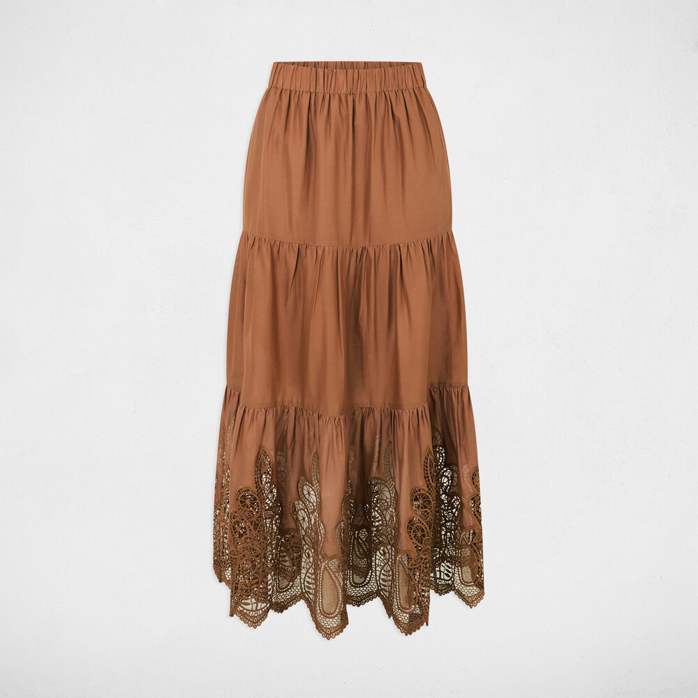 Lange rok met kanten details cognacbruin vrouw