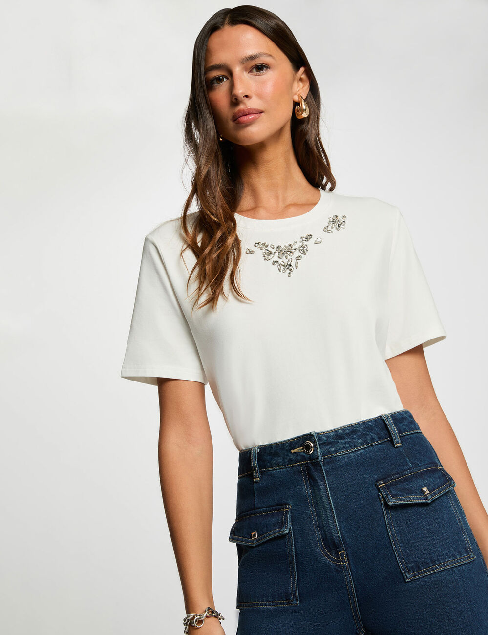 T-shirt strass manches courtes blanc femme