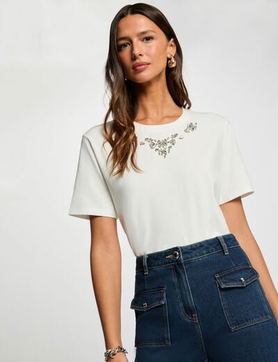 T-shirt met strass en korte mouwen helder wit vrouw