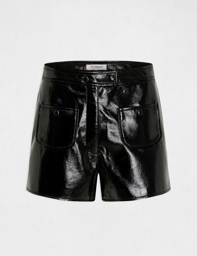 Short droit aspect vinyle noir femme