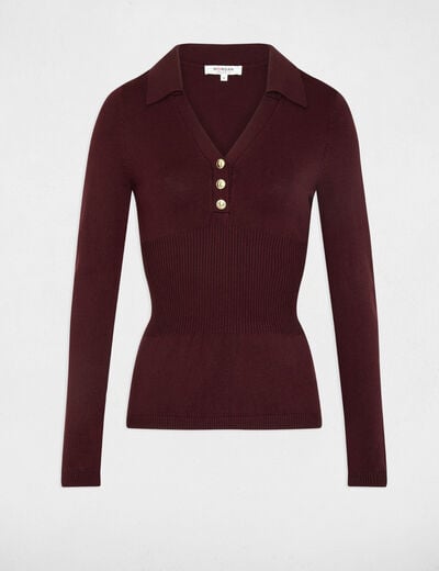 Pull ajusté col polo prune femme
