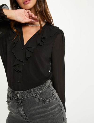 T-shirt voile col v noir femme