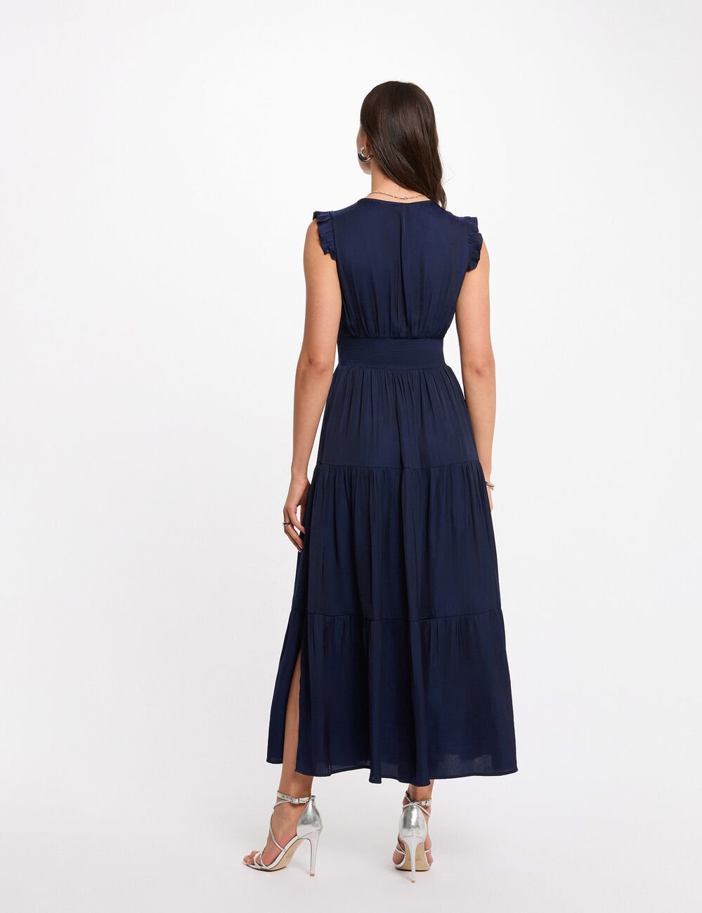 Lange jurk met V-hals marineblauw vrouw