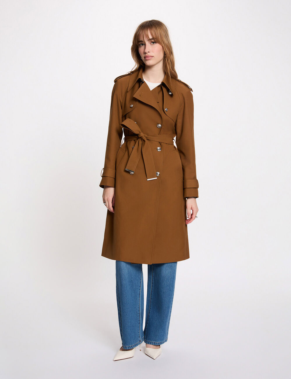Lange trench met ceintuur camel vrouw