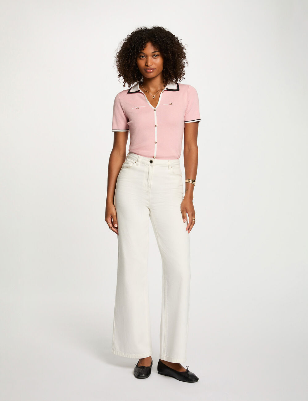 Pull col polo manches courtes rose poudrée femme
