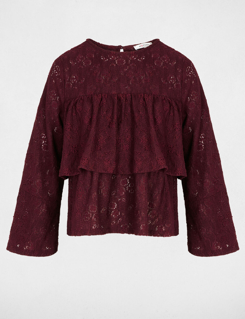 T-shirt dentelle volants bordeaux femme
