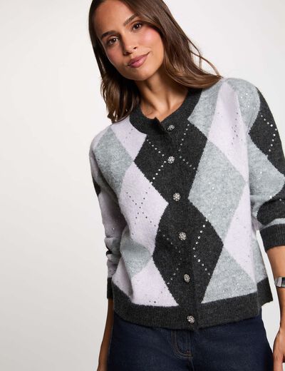 Gilet jacquard col rond gris moyen femme