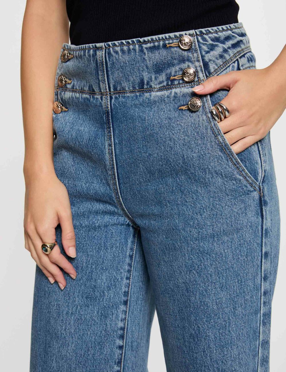 Hoge taille bootcut jeans dubbel stone washed denim vrouw