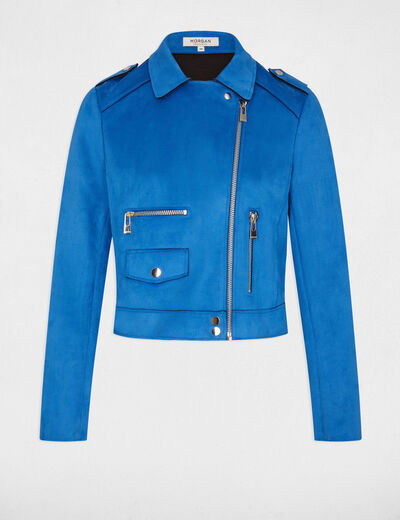 Blouson court zippé suédine bleu femme