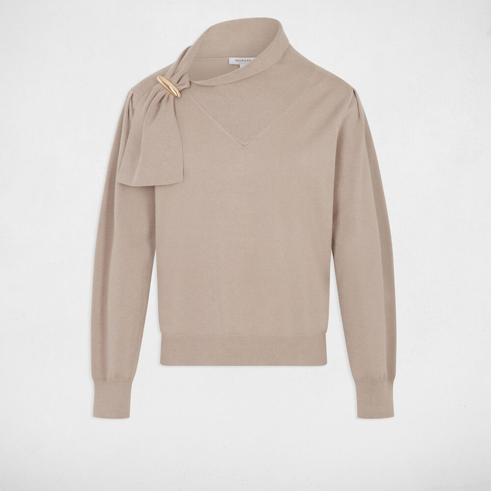Pull col montant manches bouffantes taupe femme