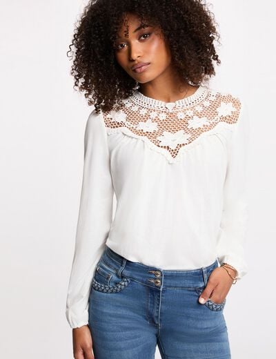 T-shirt dentelle manches longues blanc femme