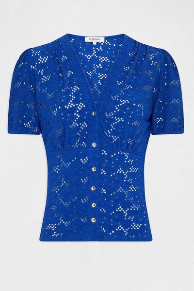 T-shirt met korte mouwen en borduursel bleu electrique vrouw