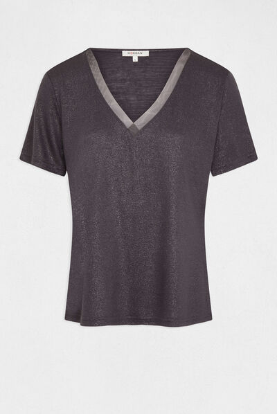 T-shirt met korte mouwen met lovertjes antracietgrijs vrouw