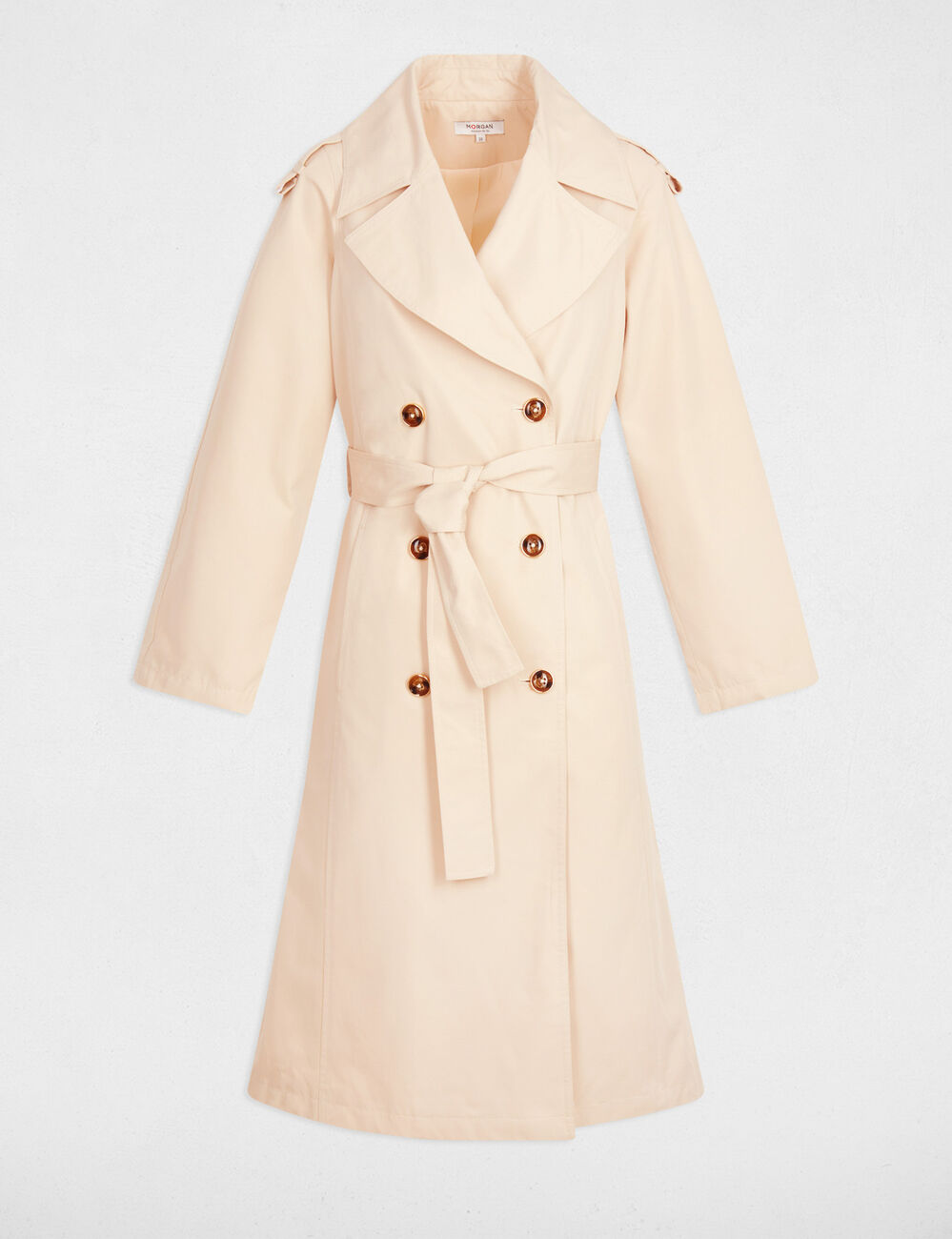 Lange trench met reverskraag zand vrouw