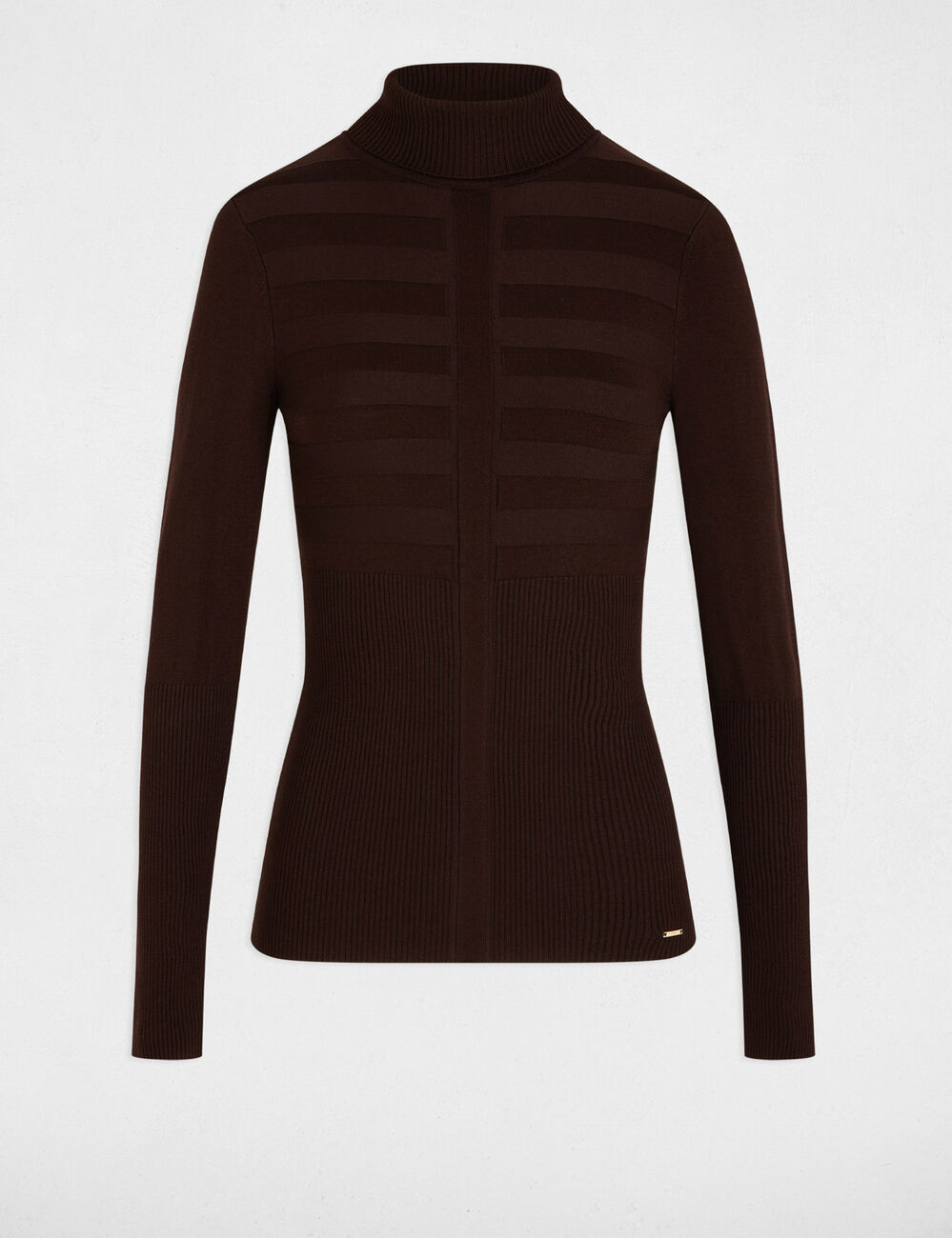 Pull col roul&eacute; cintr&eacute; marron fonc&eacute; femme