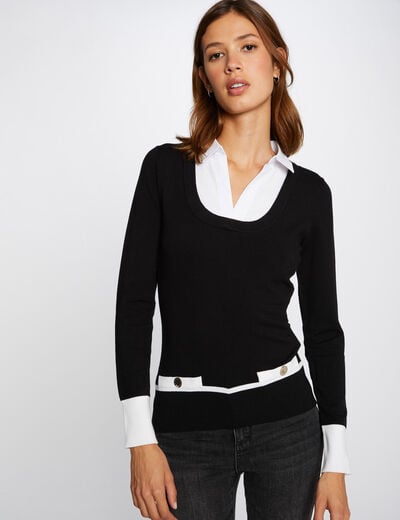 Pull manches longues avec col superpos&eacute; noir femme