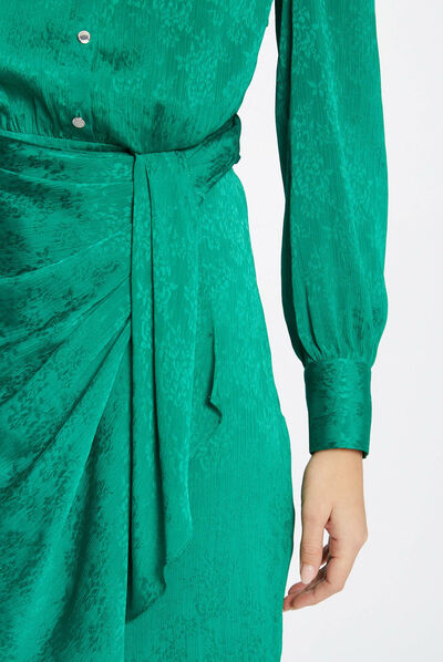 Robe droite drapée satinée imprimée vert femme