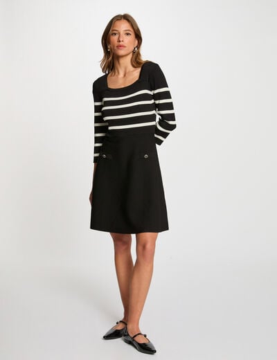 Robe tricot trapéze à rayures noir femme
