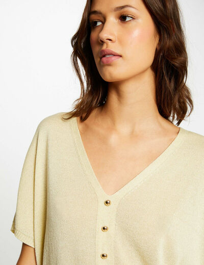 Pull manches courtes avec boutons jaune paille femme
