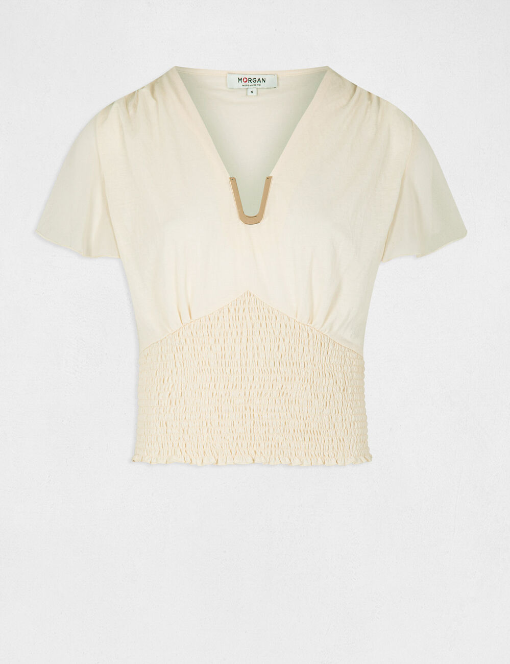 T-shirt manches courtes smocké ecru moyen femme