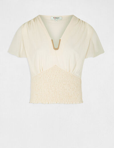 T-shirt manches courtes smocké ecru moyen femme