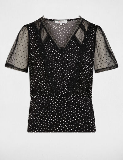 T-shirt met korte mouwen met stippen zwart vrouw
