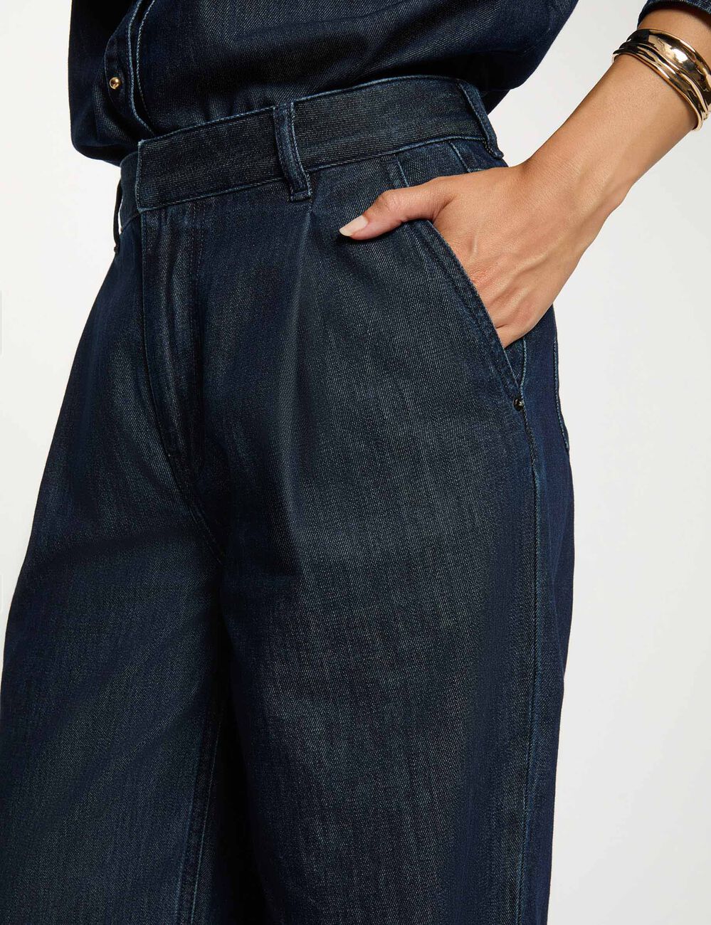 Hoge taille wijde broek ruw denim vrouw