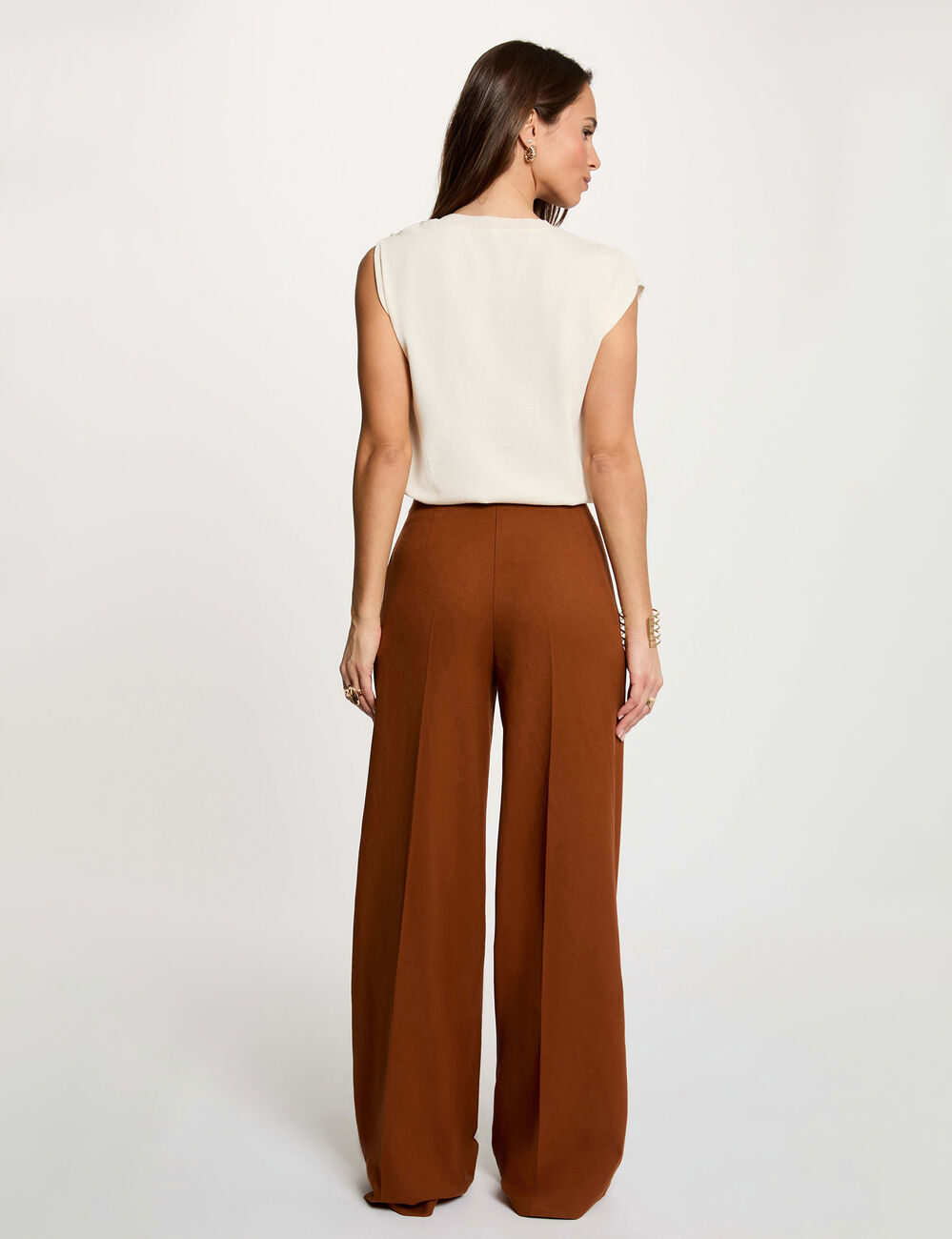 Pantalon large taille haute marron cognac femme