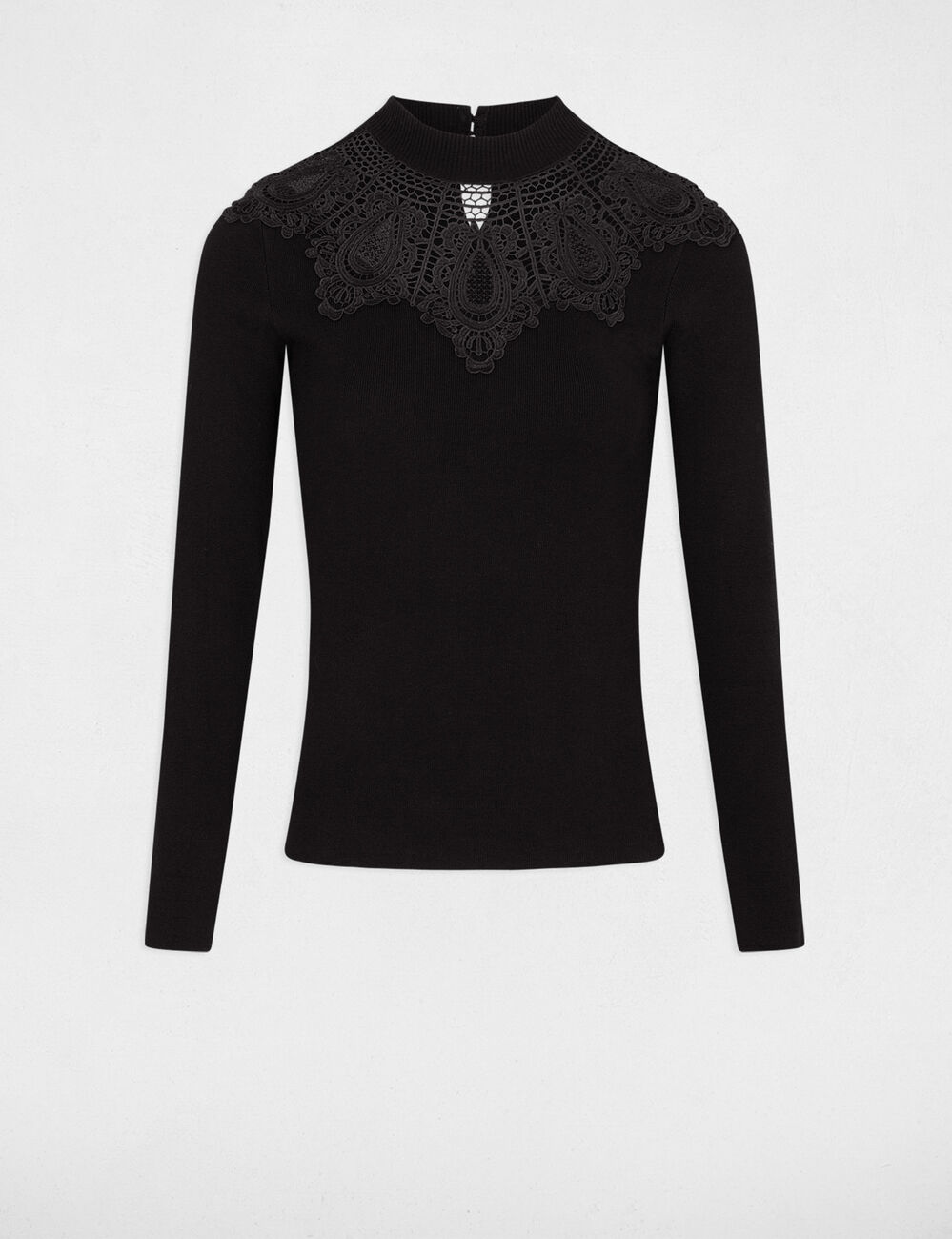 Pull col montant &agrave; dentelle noir femme