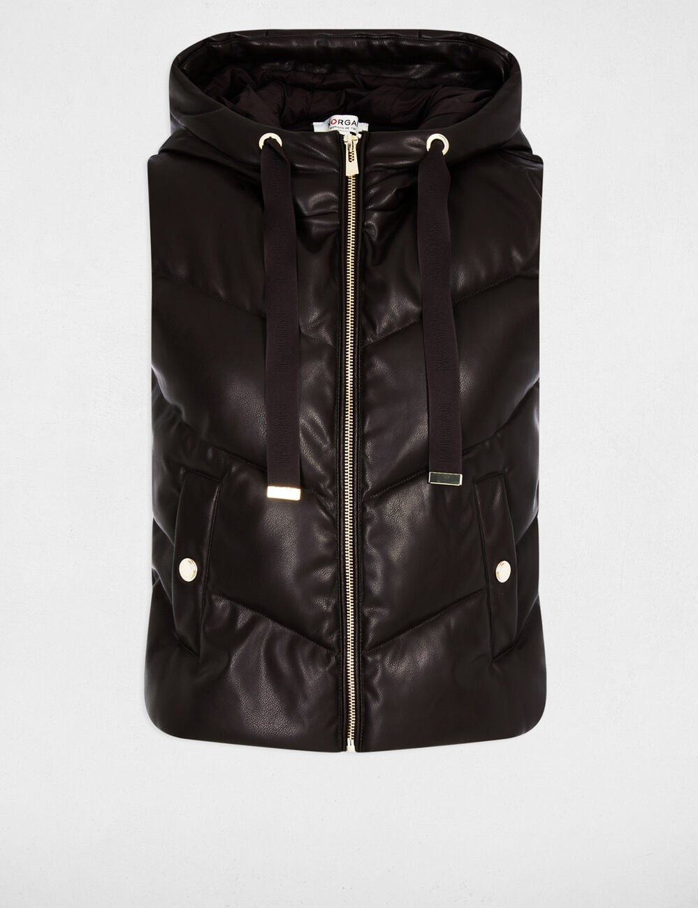 Doudoune droite &agrave; capuche simili cuir marron fonc&eacute; femme