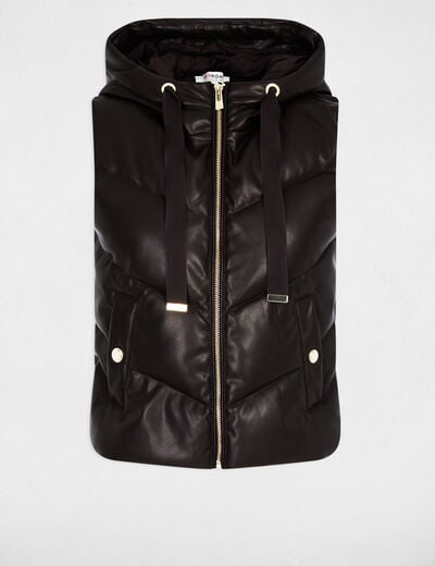 Doudoune droite &agrave; capuche simili cuir marron fonc&eacute; femme