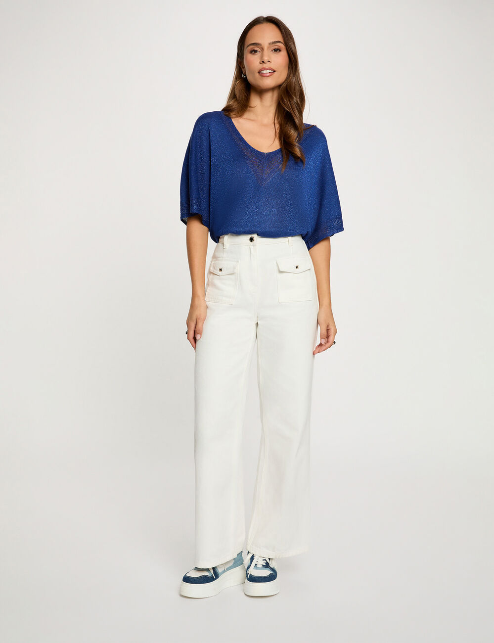 Pull col en V manches courtes bleu marine femme