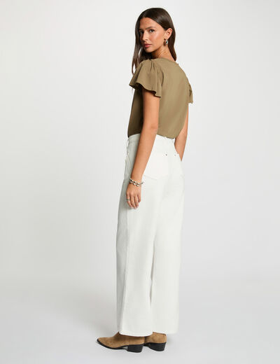 T-shirt col v volants vert kaki femme